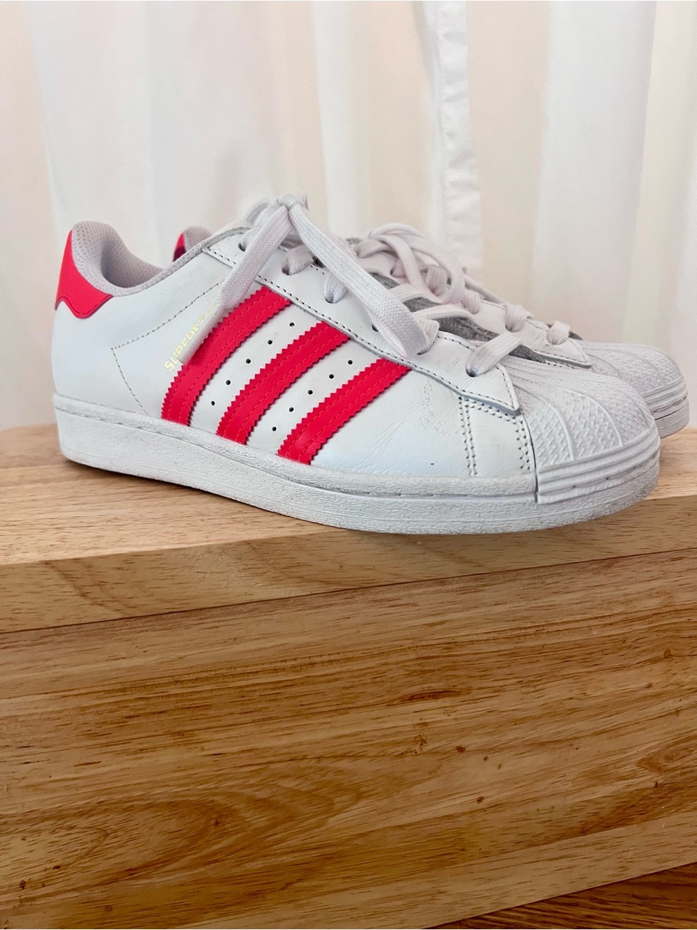 Adidas Women’s White Leather Superstars with Neon Coral Orange Stripes